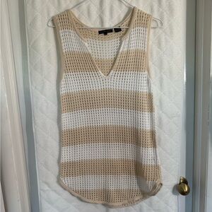 JEANNE PIERRE Tan and White Striped Sleeveless Top